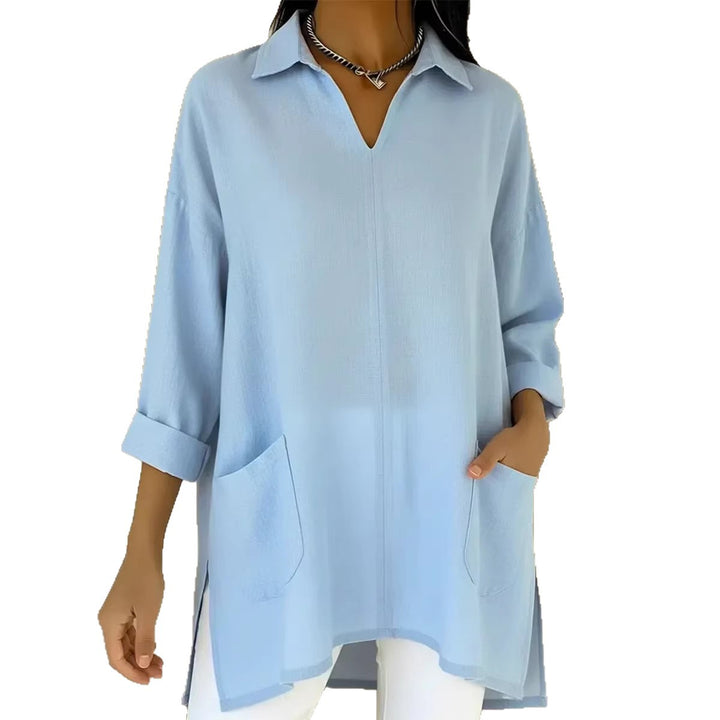 Women’s long sleeve blouse with elegant V-neck and practical pockets Lisslune