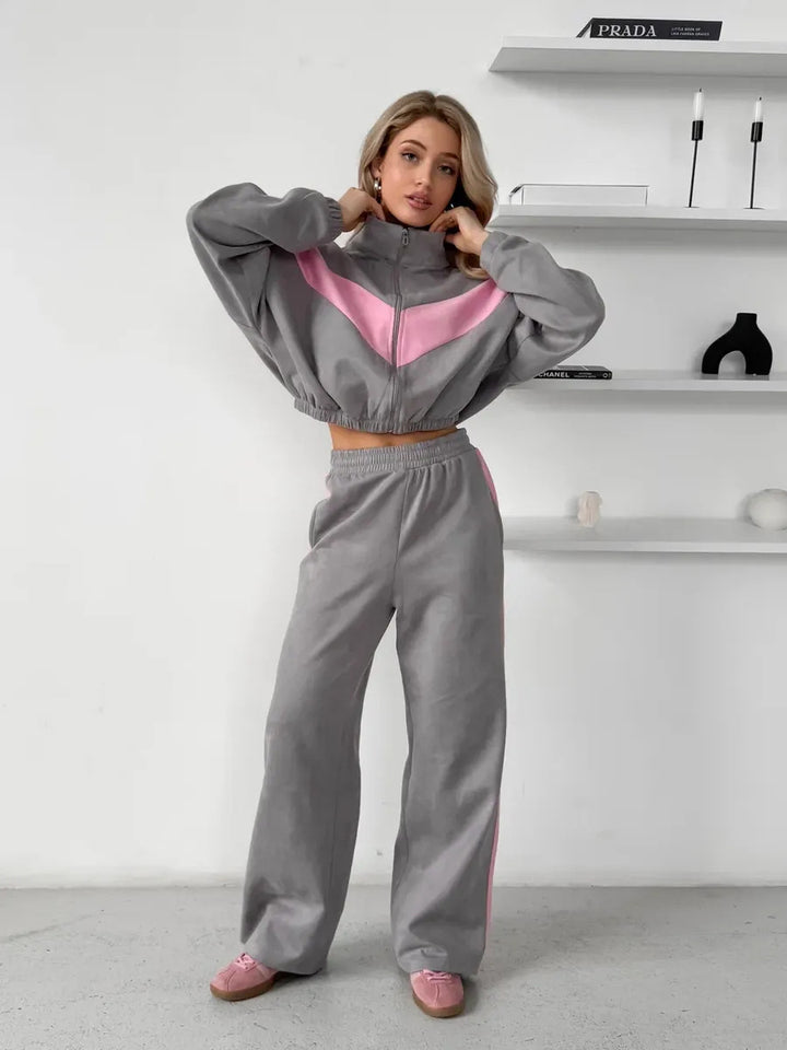 Women's sporty fleece set with high collar zipper and loose fit Lisslune