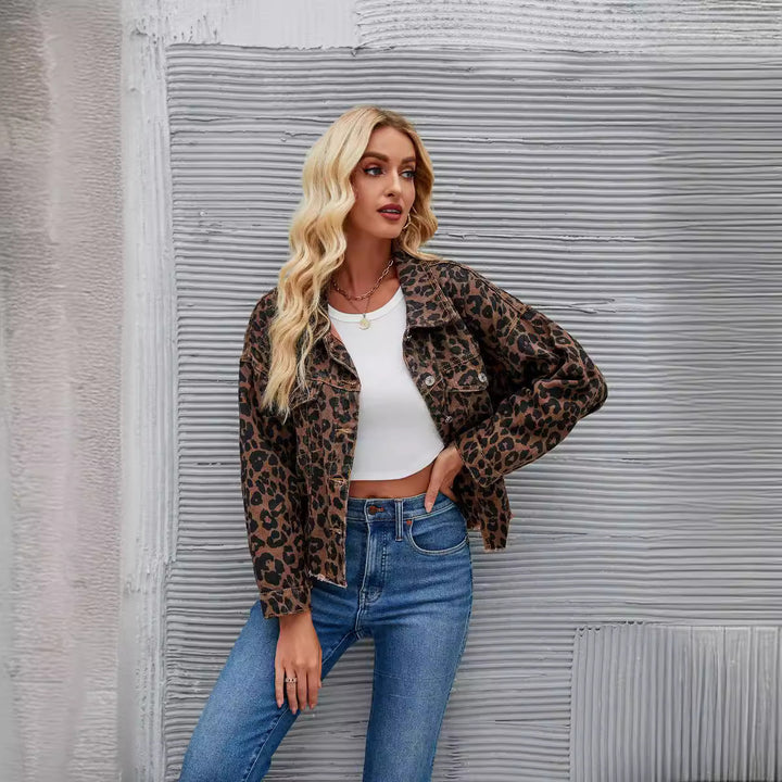 Ladies Checkered Denim Jacket in trendy Leopard Pattern with modern cut