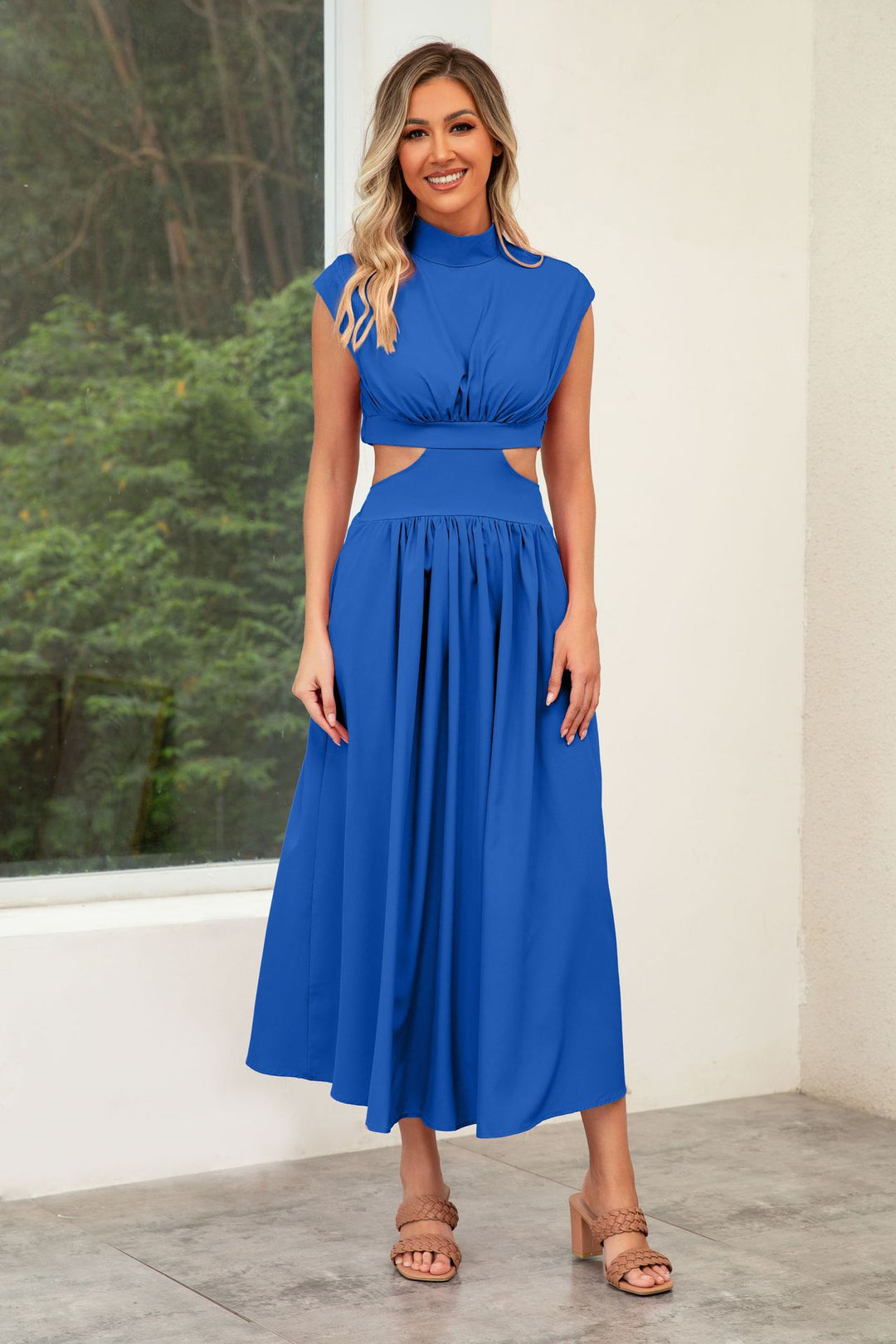Women's maxi dress with cut-outs and modern stand-up collar Lune London