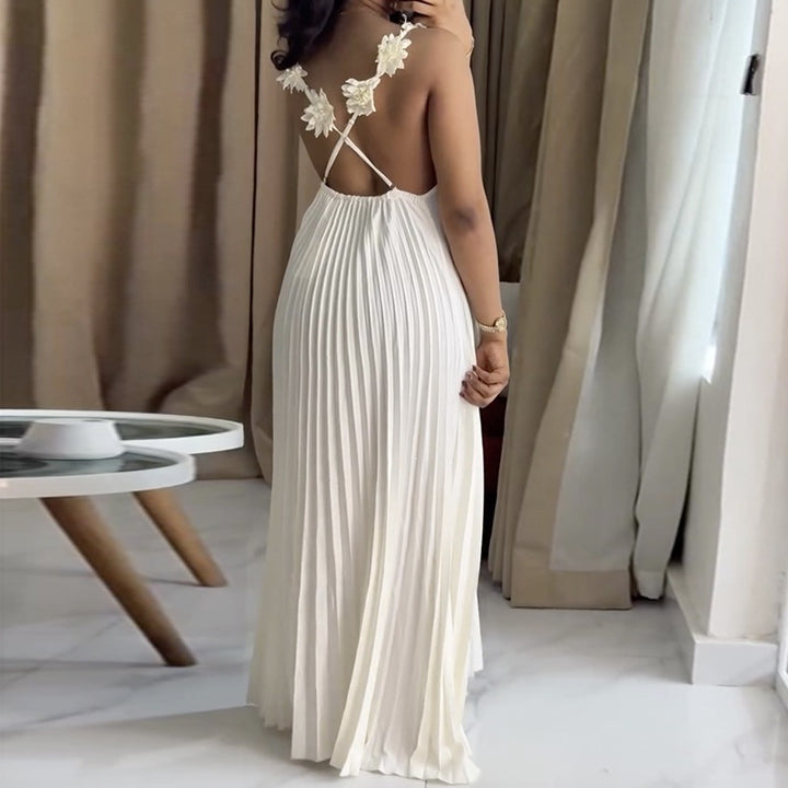 Damen Elegantes Maxikleid mit lässigem Faltenwurf und dekorativen Schulterblüten Lisslune