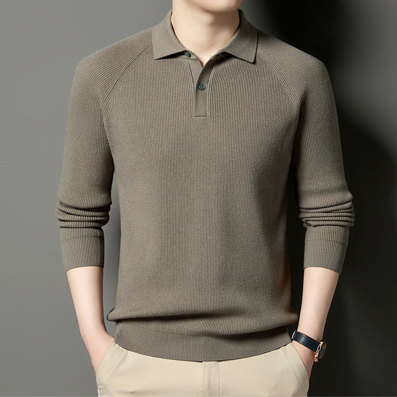 Men's Fine Knit Pullover with Classic Polo Collar and Fashionable Ribbed Structure Lisslune