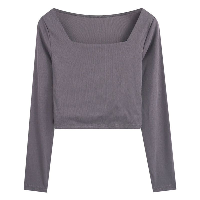 Women’s Long Sleeve Crop Top with Elegant Square Neckline and Flattering Fit