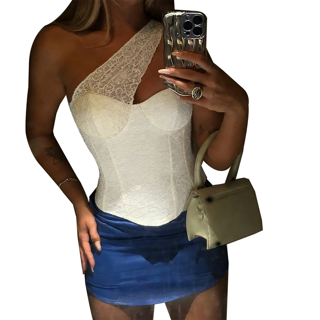 Ladies corset top with playful lace details and off-shoulder design