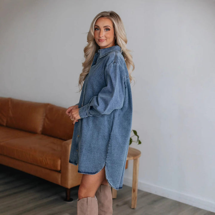 Women's Denim Shirt Dress with Exclusive Belt and Practical Pockets Lisslune