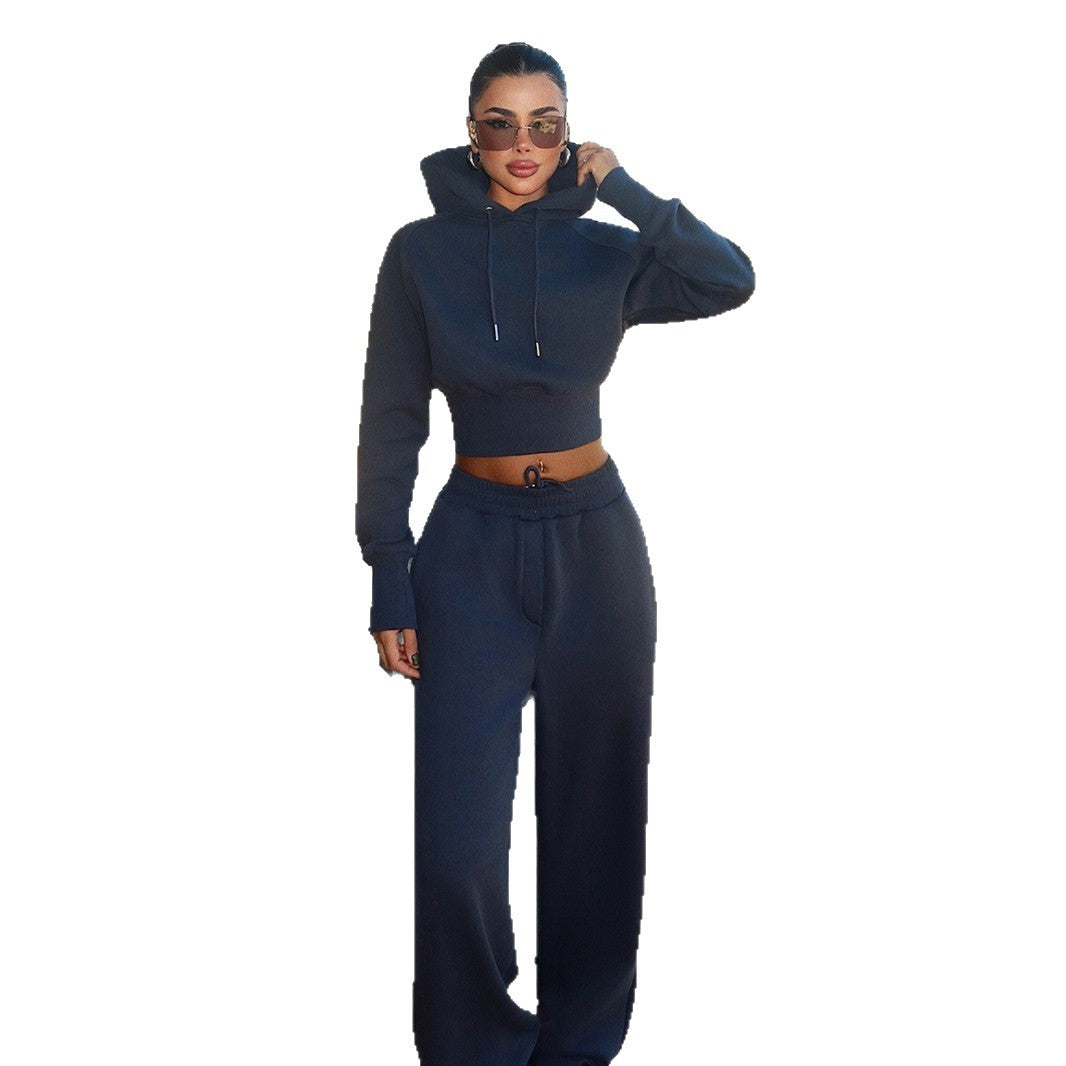 Women's stylish and comfortable cropped hoodie set with elastic waistband Lisslune