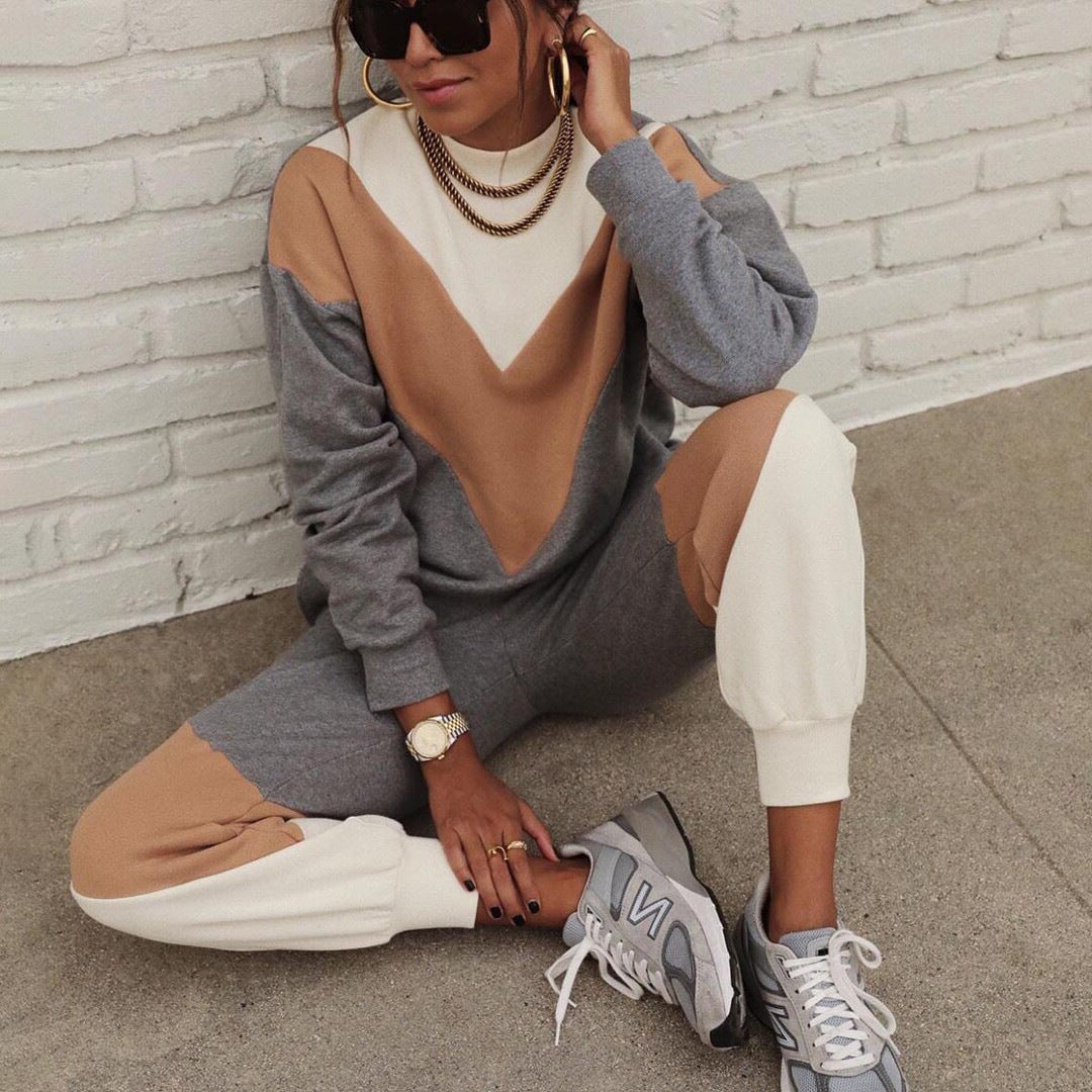 Ladies sporty loungewear set with geometric color design Lisslune