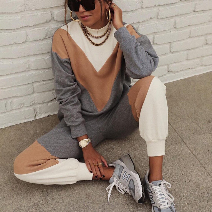 Ladies sporty loungewear set with geometric color design Lisslune
