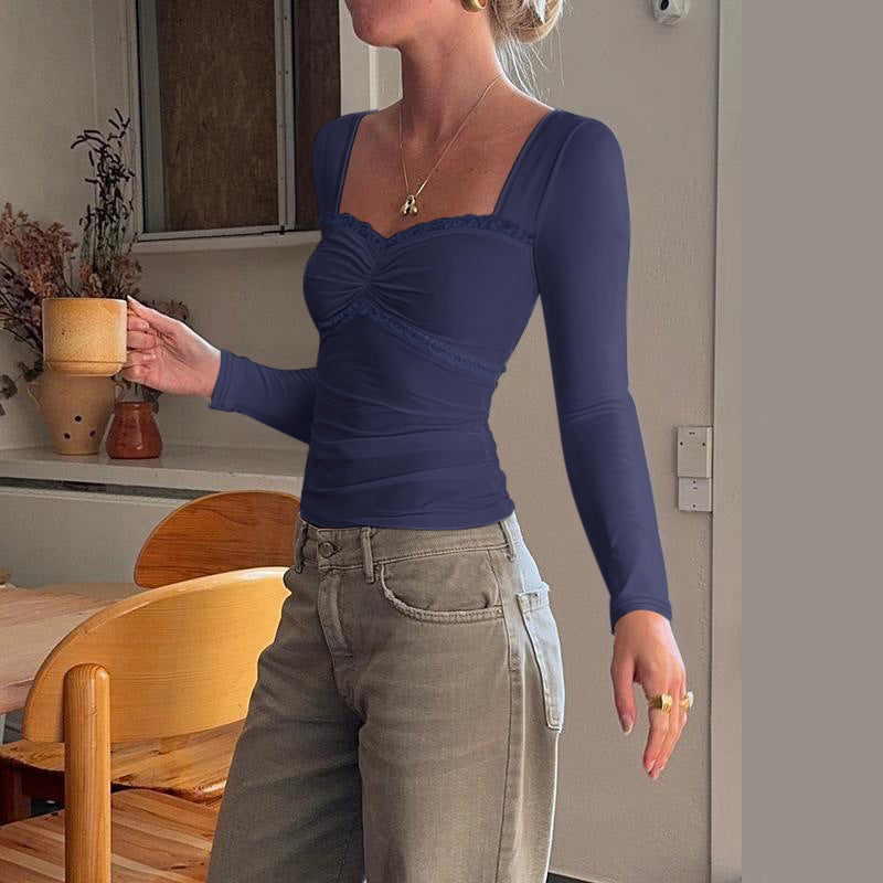 Women’s long sleeve top with decadent lace trim and refined draping detail Lune London