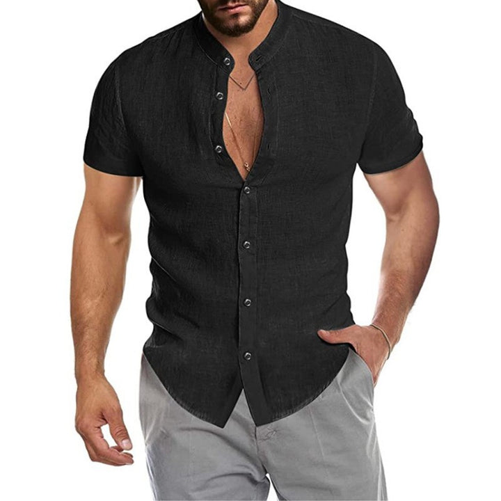 Men's short-sleeve shirt with modern stand-up collar and decorative button details Lisslune