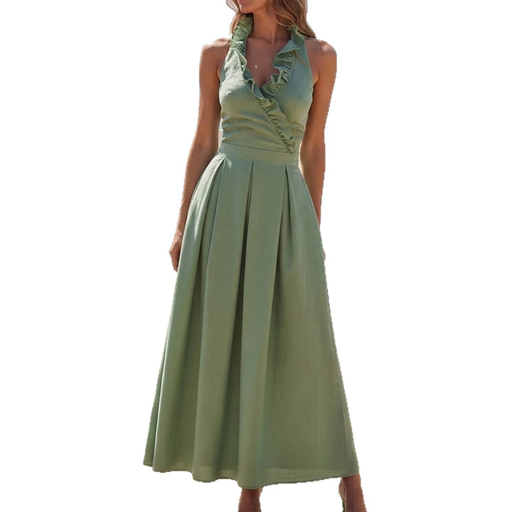 Ladies Elegant Maxi Dress with Playful Ruffle Neckline and Tailored Fit Lisslune
