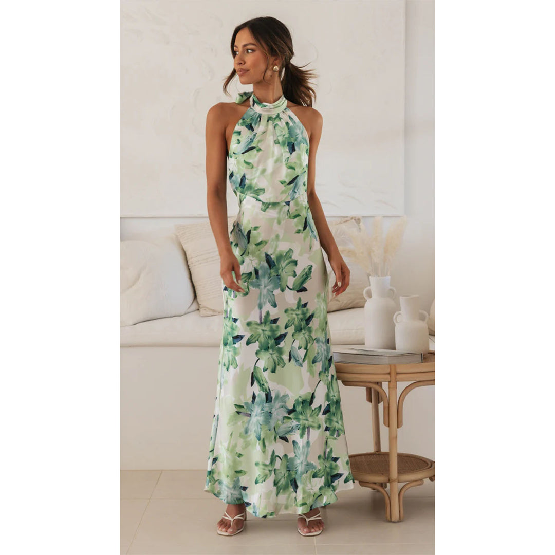 Women's maxi dress with high-neck halter design and floral pattern