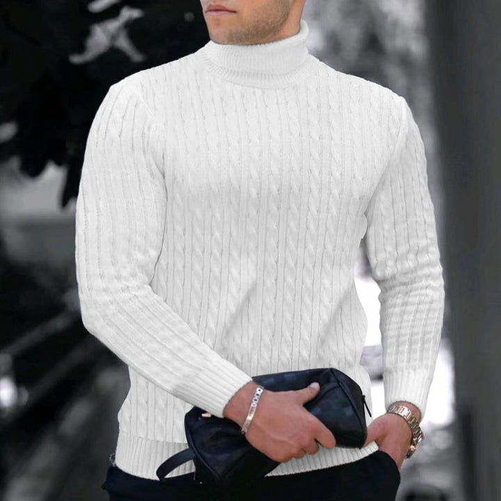 Men's Elegant Knit Sweater with Stand-Up Collar and Fine Cable Knit Pattern Lisslune