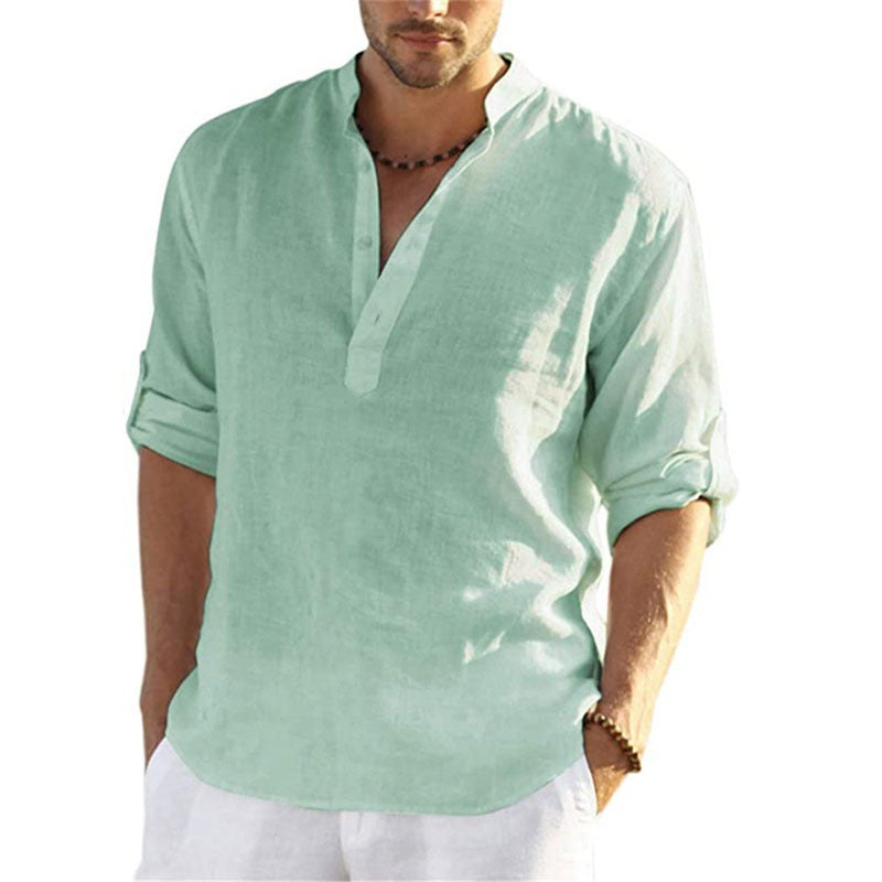 Men's linen shirt with modern stand-up collar and practical button details Lisslune