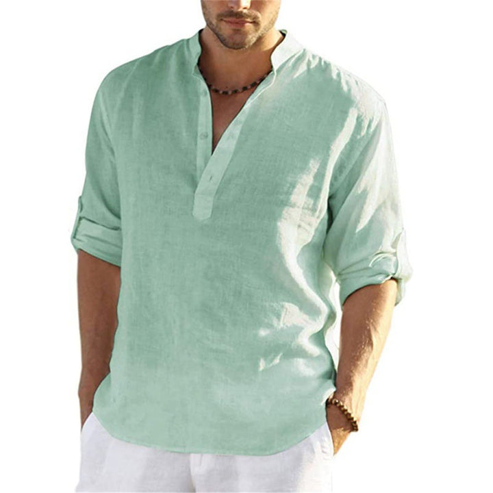 Men's linen shirt with modern stand-up collar and practical button details Lisslune