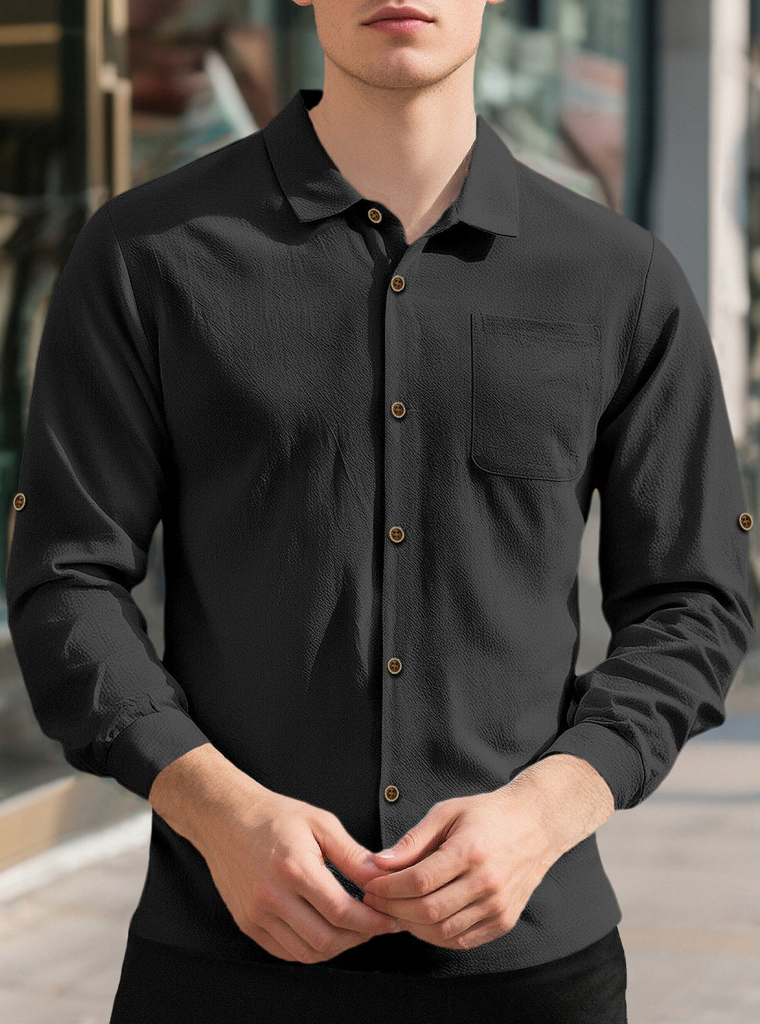 Men's casual long sleeve shirt made of breathable fabric with stylish buttons Lisslune