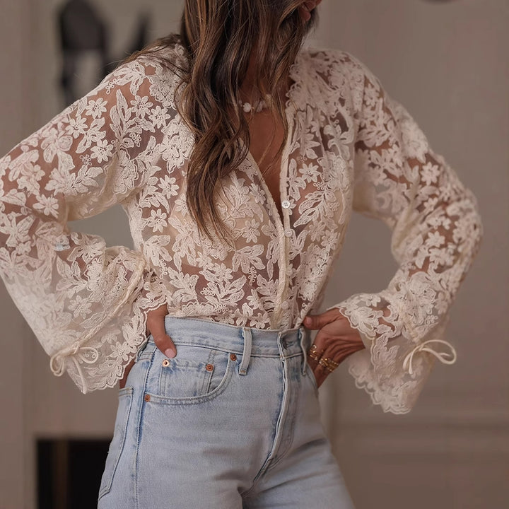 Women's transparent blouse with floral embroidery and wide sleeves Lisslune