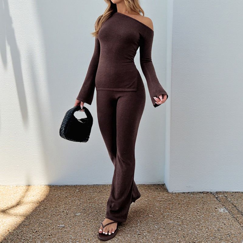 Women's fitted long sleeve shirt with off-shoulder design and flared sleeves Lune London