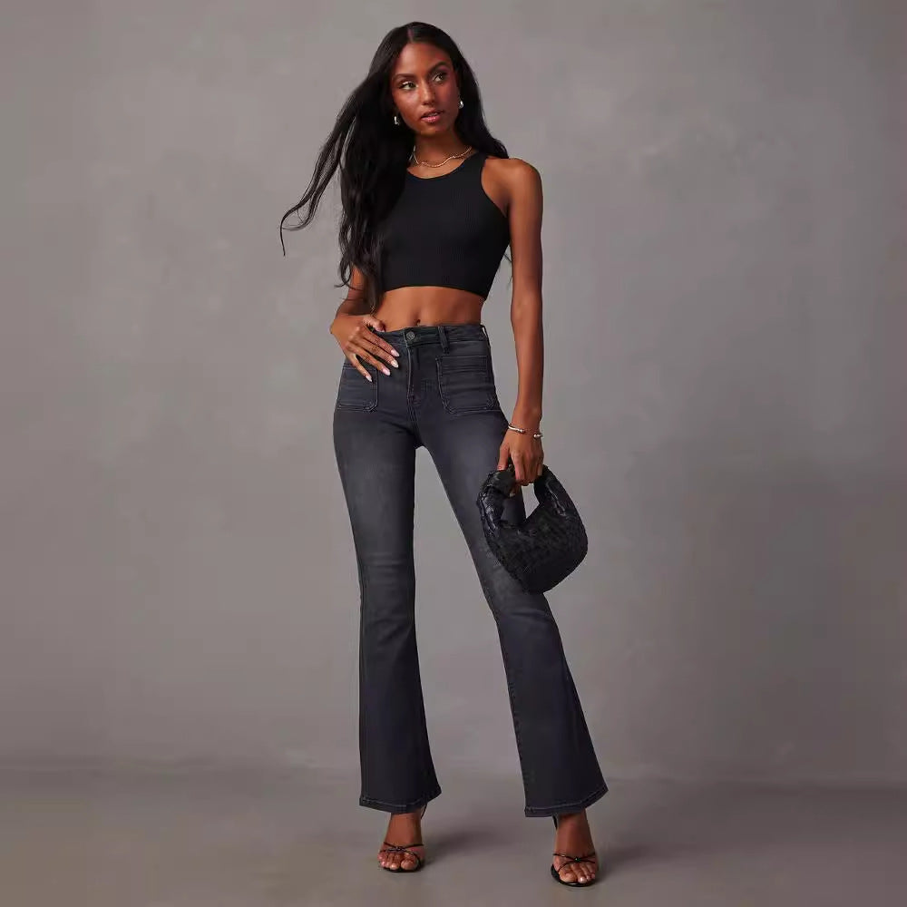 Women Flared Jeans with High Waist and Textured Denim Lisslune