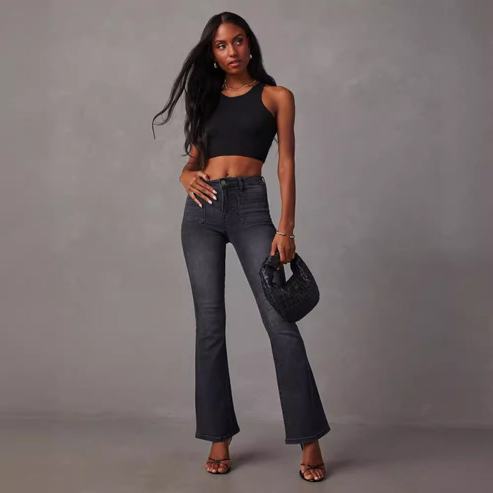 Women Flared Jeans with High Waist and Textured Denim Lisslune