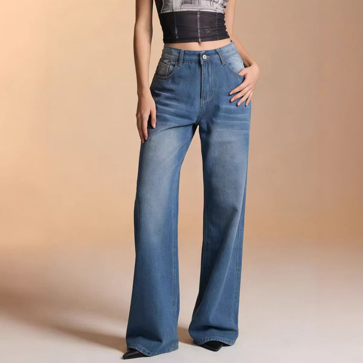 Damen weite Denim-Hose mit Vintage-Waschung und hoch geschnittenem Bund Lisslune