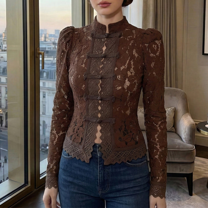 Women's lace blouse with structured details and elegant stand-up collar Lisslune