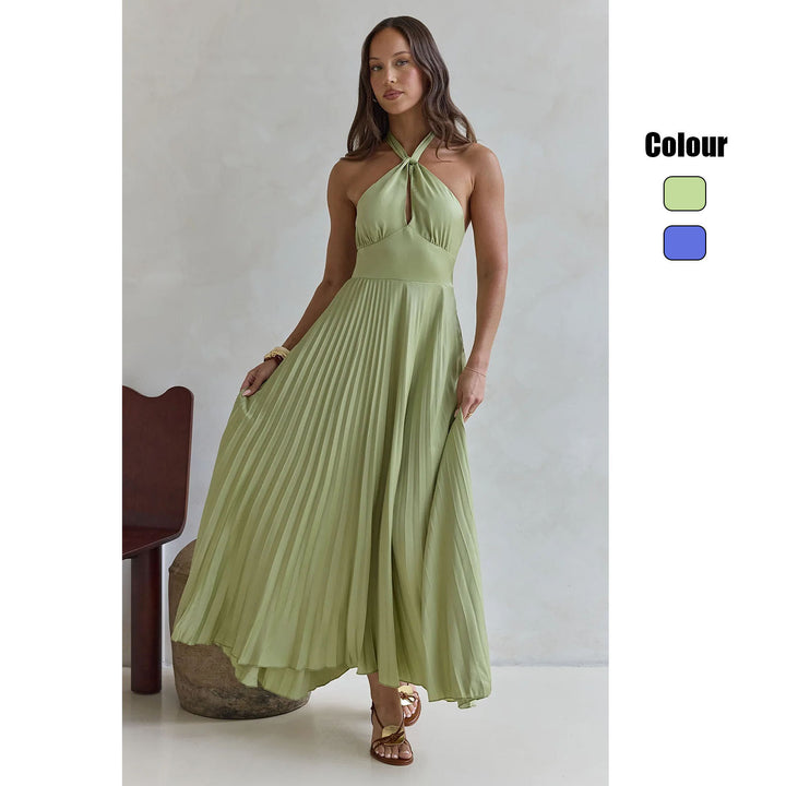Women's maxi dress with elegant halter design and pleated skirt