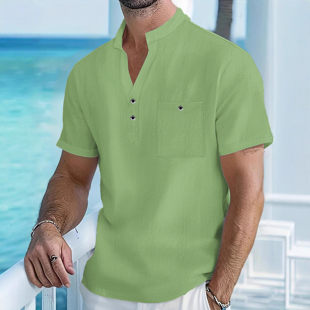 Men's short sleeve shirt with fashionable stand-up collar and button details Lisslune