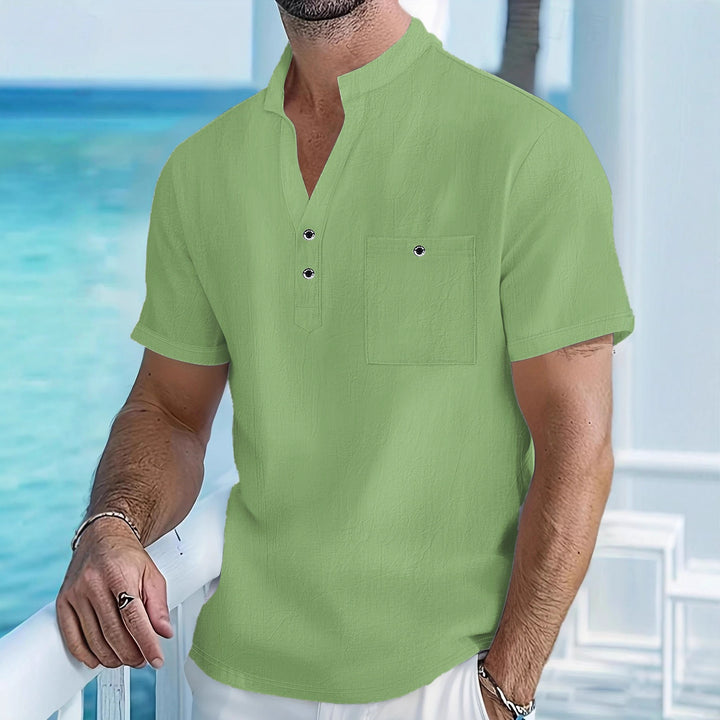Men's short sleeve shirt with fashionable stand-up collar and button details Lisslune