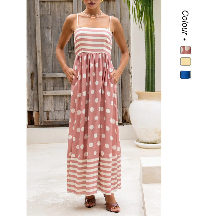 Women's maxi dress with gathered bodice and playful polka dot and stripe pattern Lune London