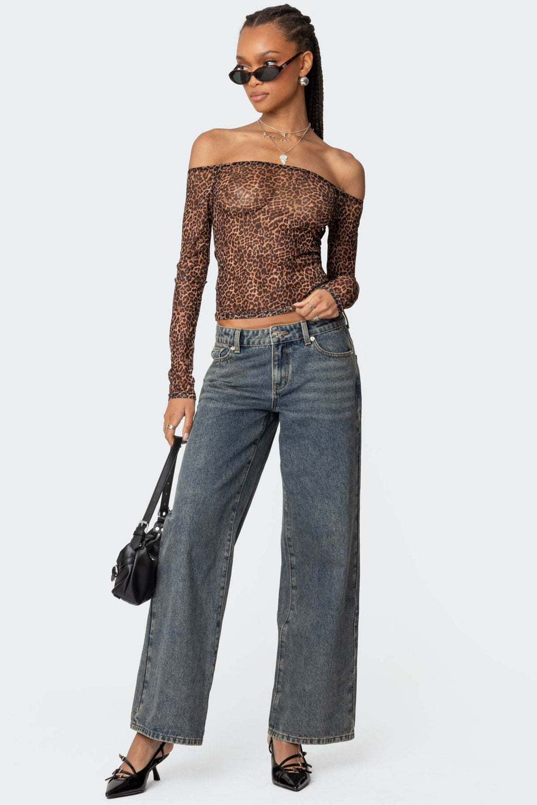 Women's Off-Shoulder Long Sleeve Shirt with Leopard Print Lisslune