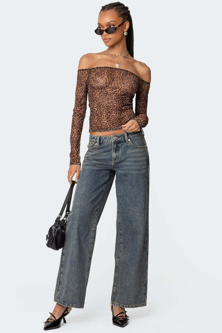 Women's Off-Shoulder Long Sleeve Shirt with Leopard Print Lisslune