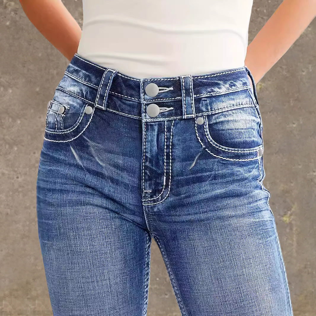 Women's Flared Jeans in Vintage Style with High-Grade Detail and Refined Embroidery Lisslune