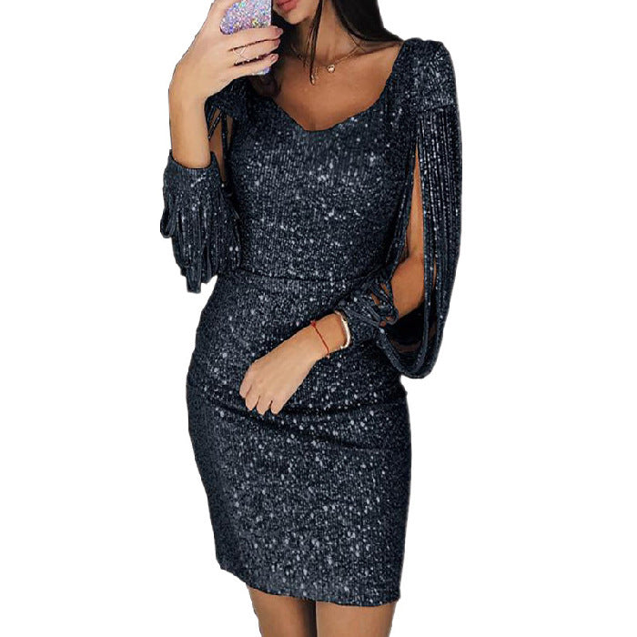 Damen Glitzerndes Cocktailkleid mit tiefem V-Ausschnitt und schwingenden Ärmeln Lisslune