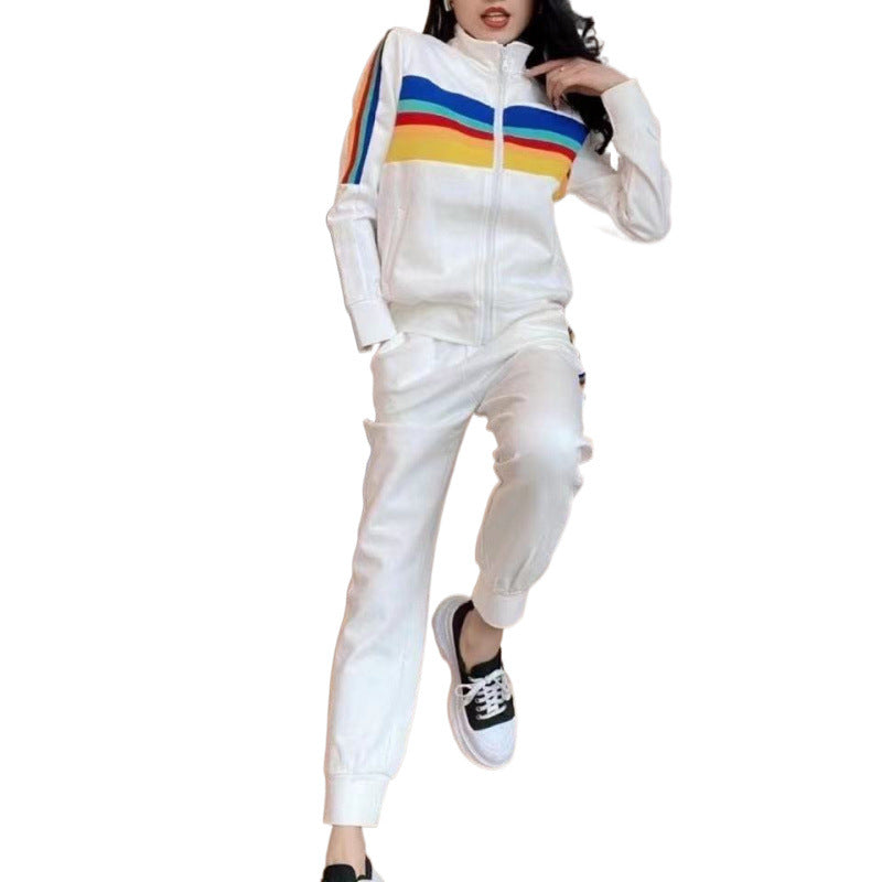 Women's sporty leisure set with high collar and colorful stripes Lisslune