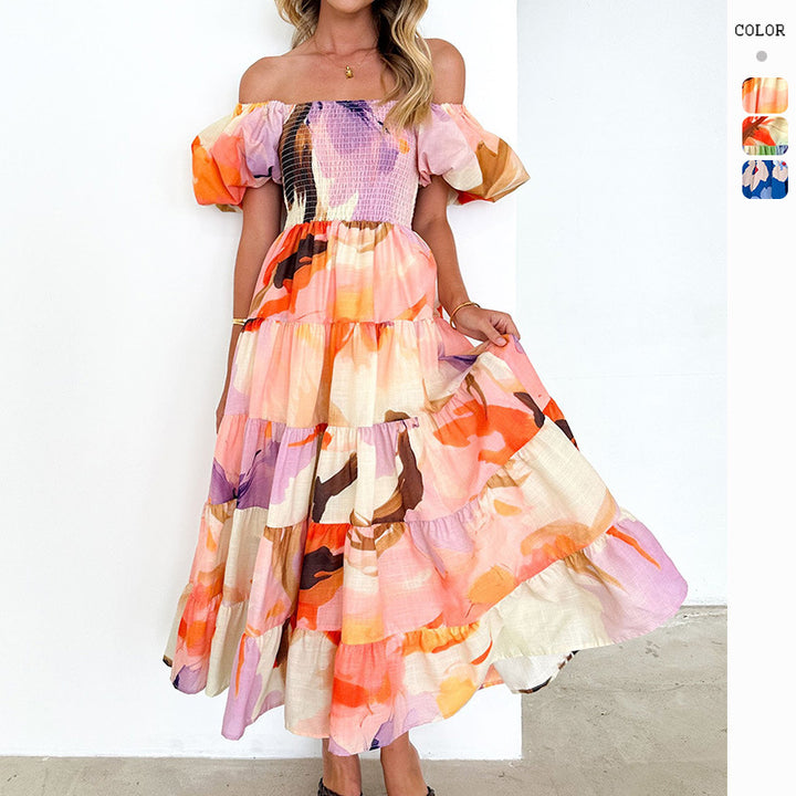 Women's maxi dress with puff sleeves and floral smocking