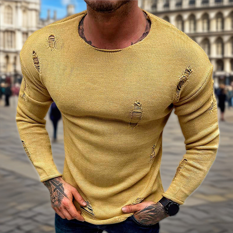 Men's Stylish Round Neck Sweater with Frayed Details Lisslune