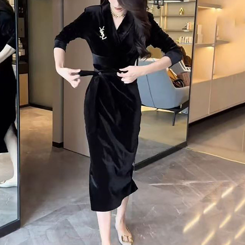 Women long sleeve dress with elegant wrap design and stylish ruffle hem