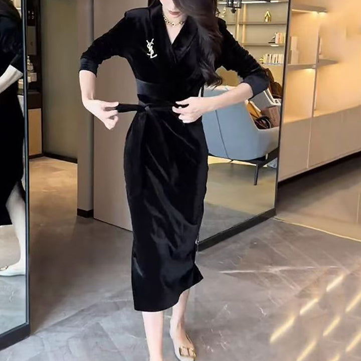 Women long sleeve dress with elegant wrap design and stylish ruffle hem