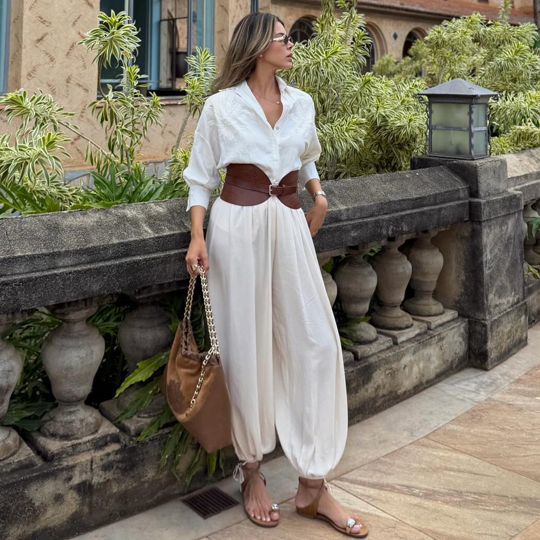 Women's voluminous jumpsuit with elegant button blouse and waist belt Lisslune