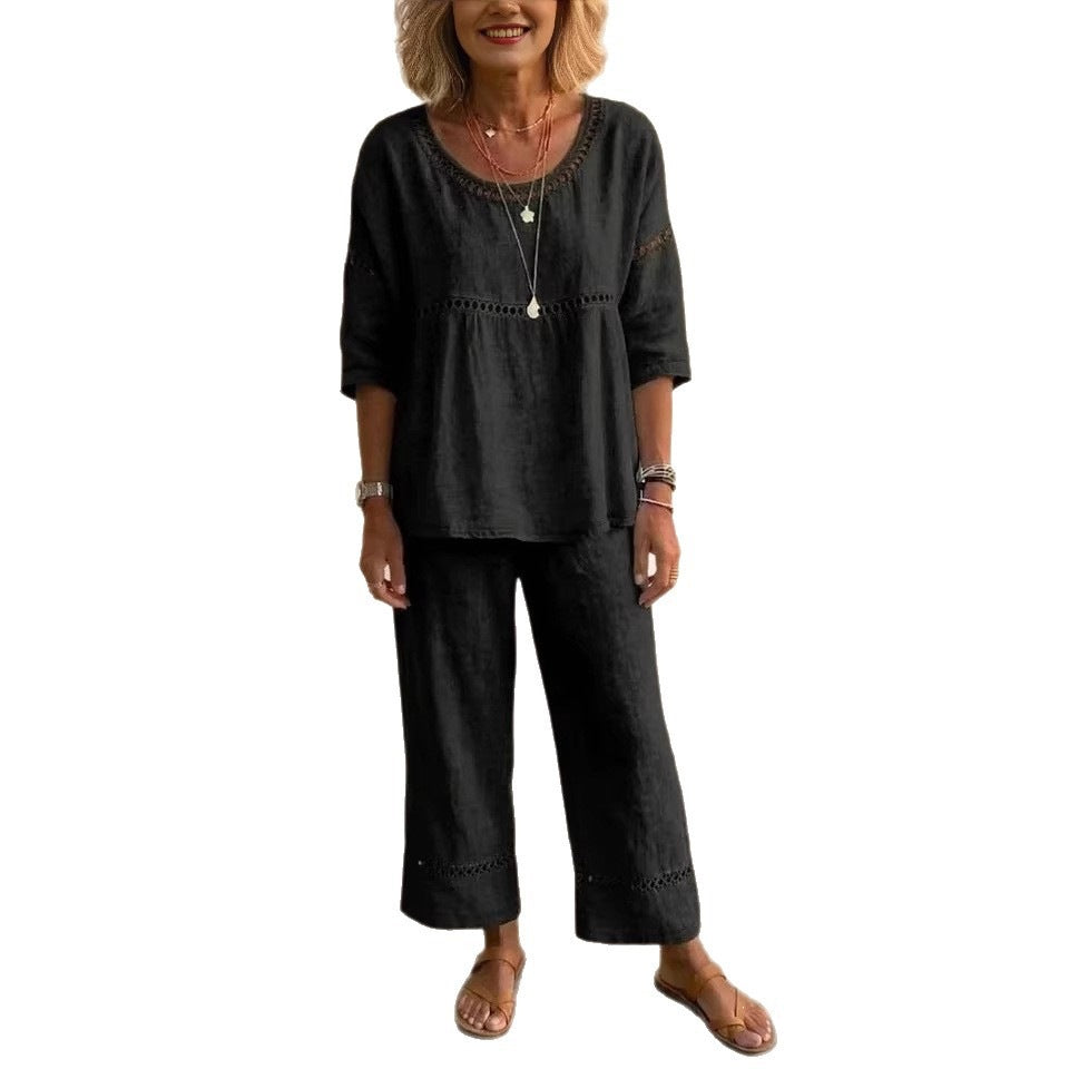 Women's Complete Linen Loungewear Suit with Airy Fit and Lace Accents Lisslune