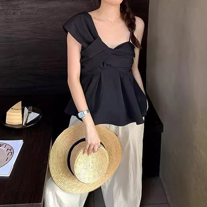 Women's Off-Shoulder Blouse with Fashionable Draping and Knotted Detail