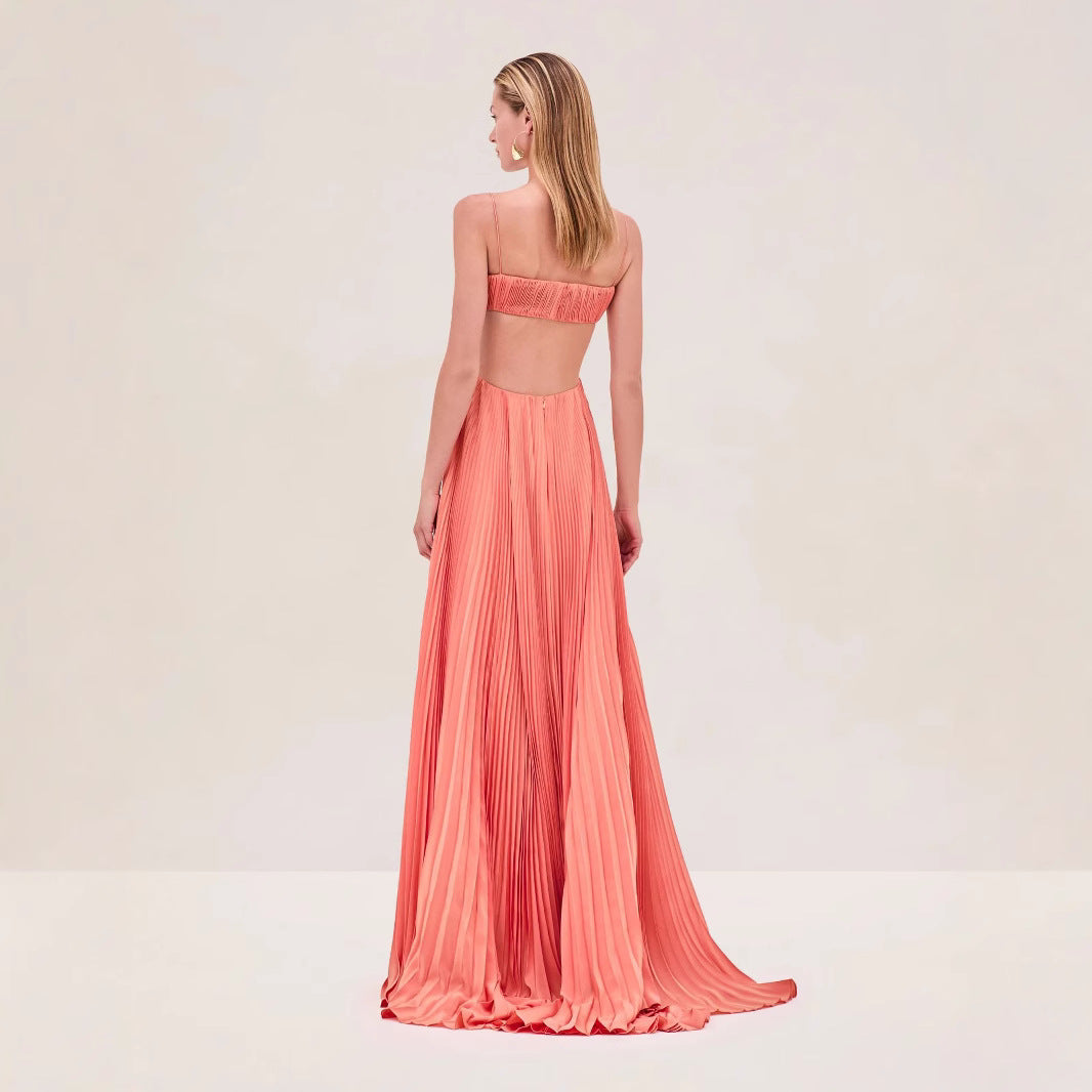Women's maxi dress with elegant pleated details and thin spaghetti straps