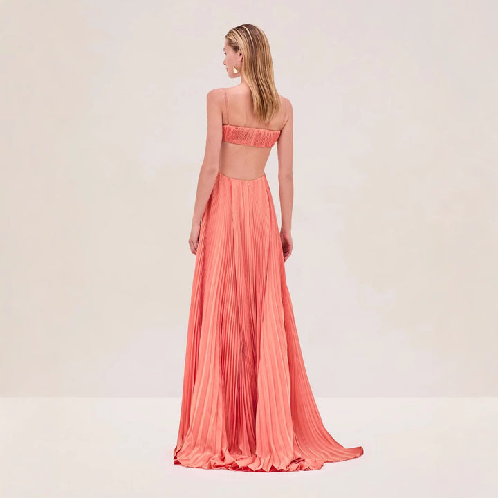 Women's maxi dress with elegant pleated details and thin spaghetti straps