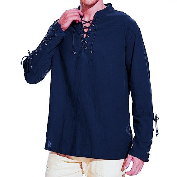 Men's linen shirt with original lacing design and casual stand-up collar Lisslune