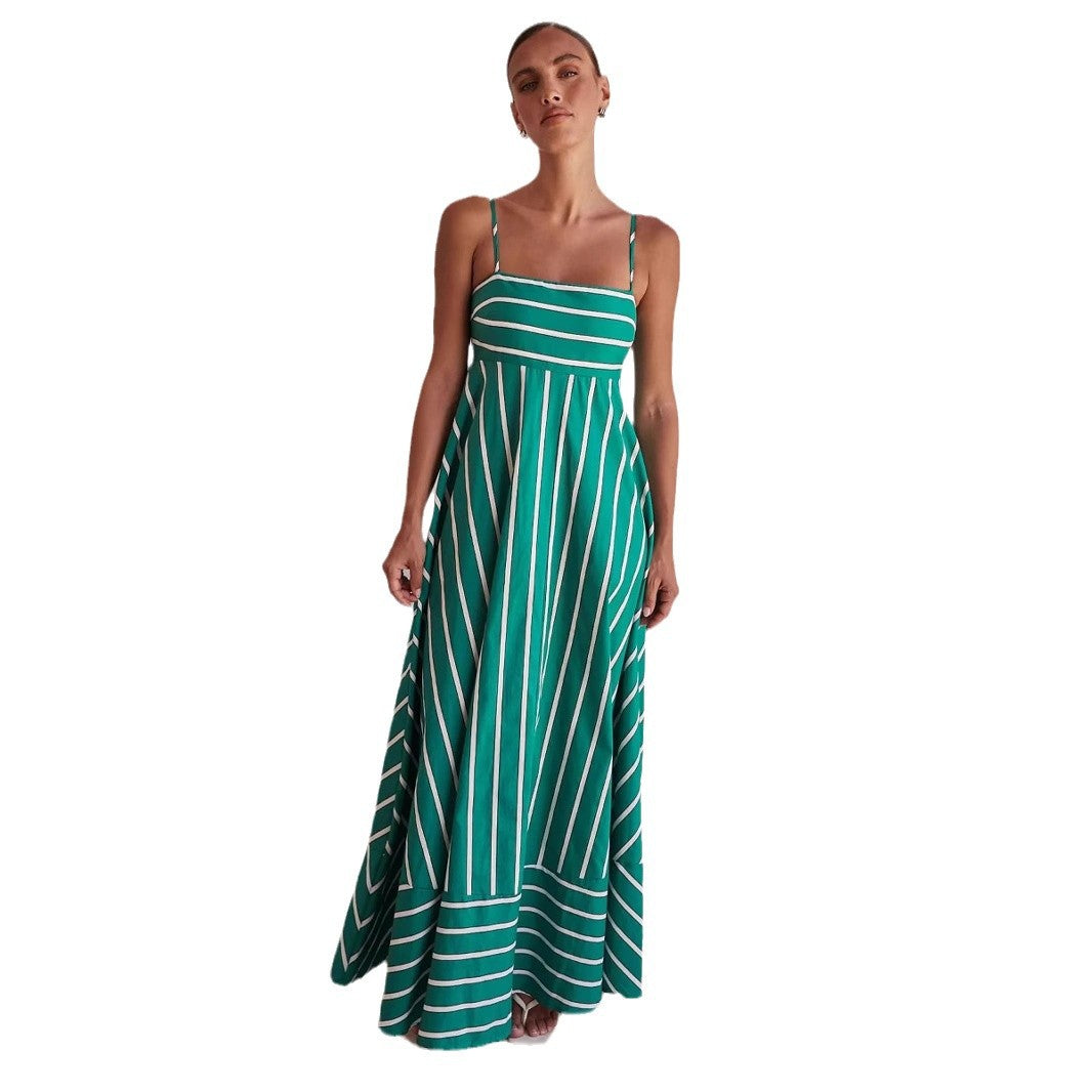 Women's Long Sleeve Maxi Dress with Elegant Stripe Pattern and Flowing Cut