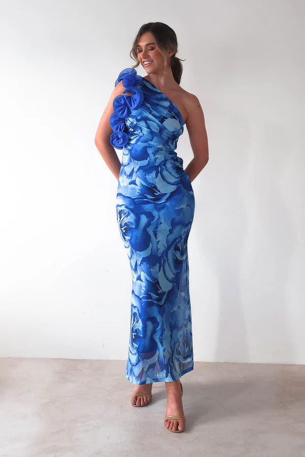 Women's Elegant Evening Dress with Asymmetrical Ruffle Design and Slim Cut