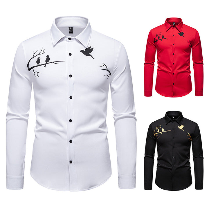 Men's Long Sleeve Shirt with Artistic Bird Motif Lisslune