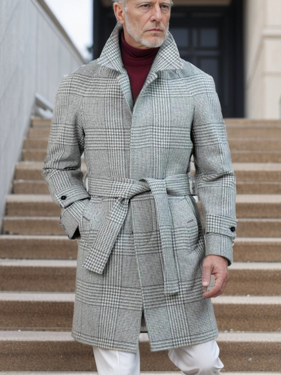 Men's elegant trench coat with modern check pattern and waist belt Lisslune