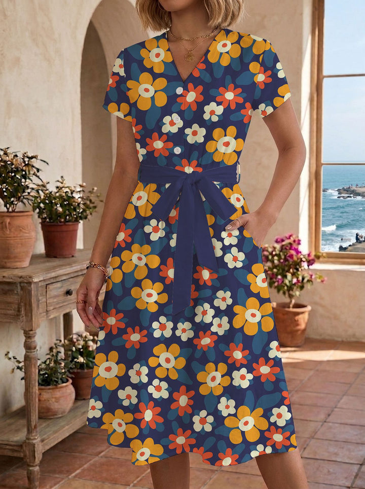 Women's casual maxi dress with adjustable knot and decorative check pattern Lisslune
